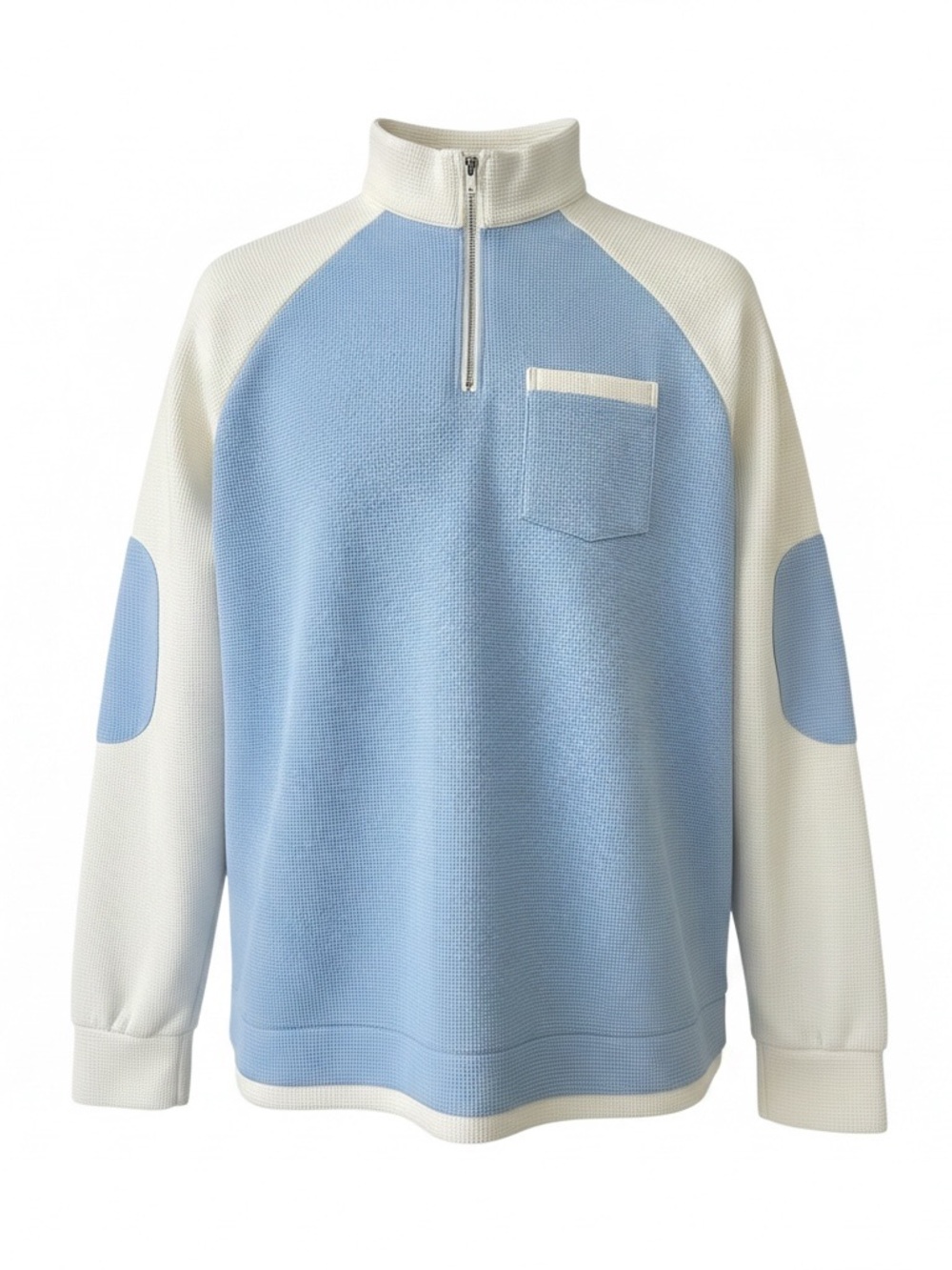Ouku Quarter Zip Waffle Knit Pullover Blue & Cream Mock Neck Sweater
